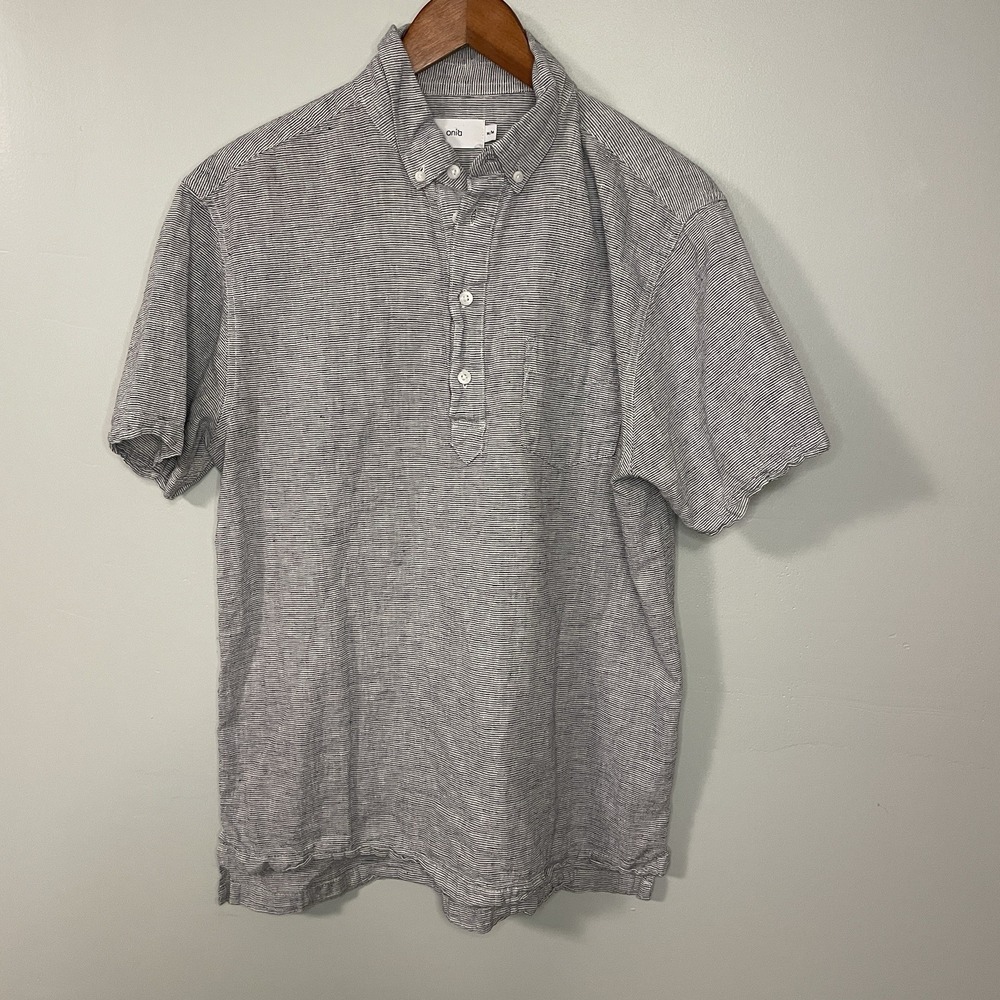 Onia Men's Linen Blend Short Sleeve‎ Pin Stripe Shirt Size M Preppy